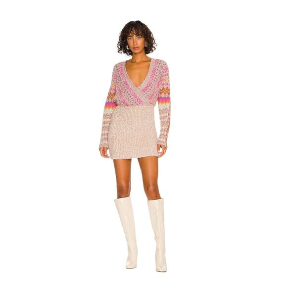 Free People Forever Fairisle Pink Tunic Nordic Sweater Mini Dress NWT, Size XS - Picture 1 of 14